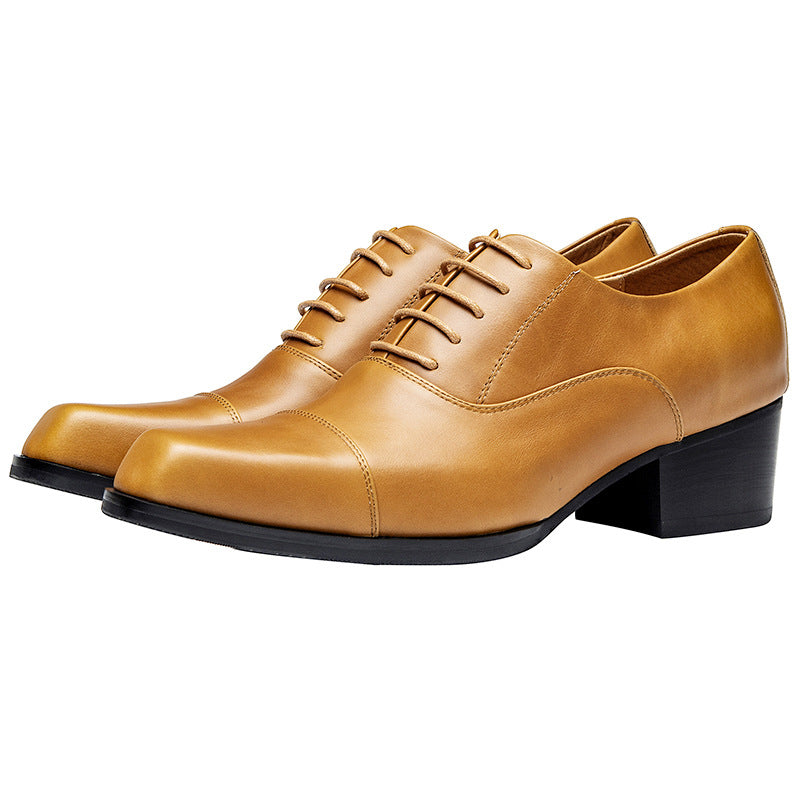 Men's High-grade British Style Square Toe High First Layer Cowhide Leather Shoes