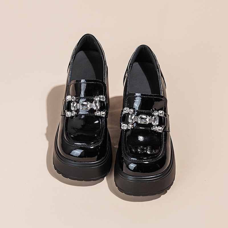Women's Heightening Pad Platform Slip-on Black Rhinestone Loafers
