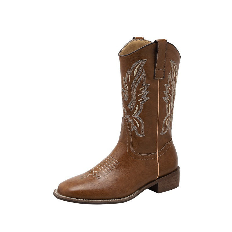 Women's Cowboy Chunky Embroidery Knight Retro Plus Boots