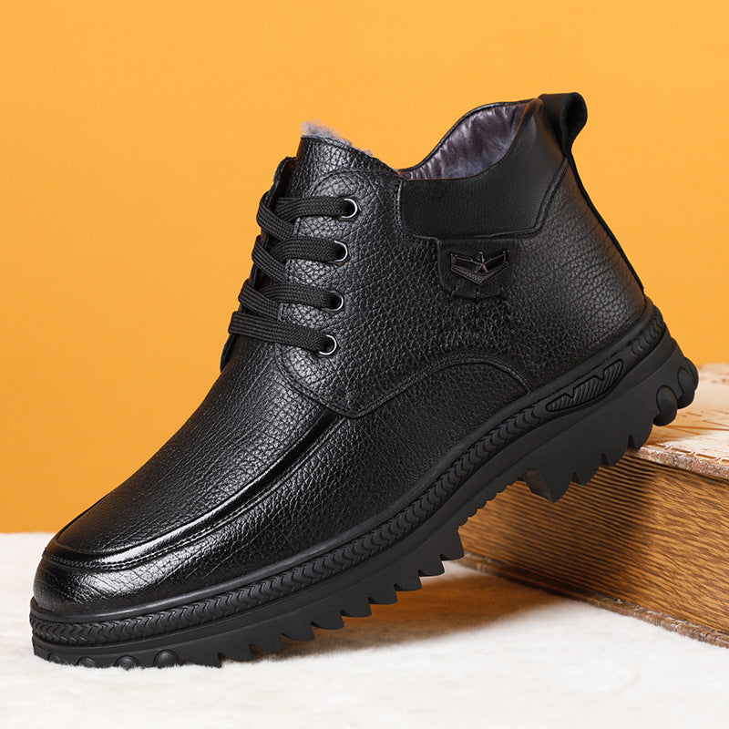 Men's Layer Cowhide Wool Real With Fleece Lining Insulated Dad Men's Shoes