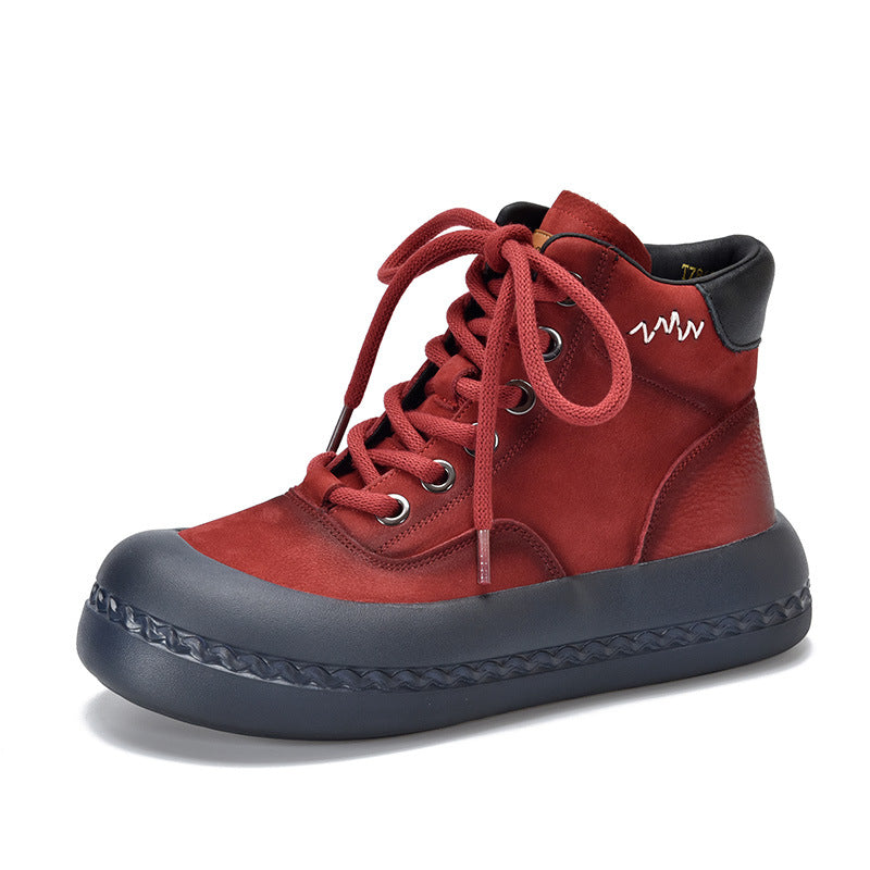 Women's First Layer Cowhide Platform Retro Lace Boots