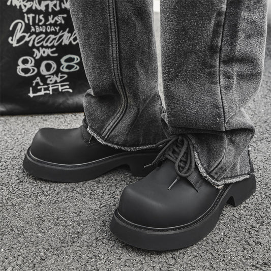 Men's Platform Round Toe Mid Muffin Black Leather Shoes