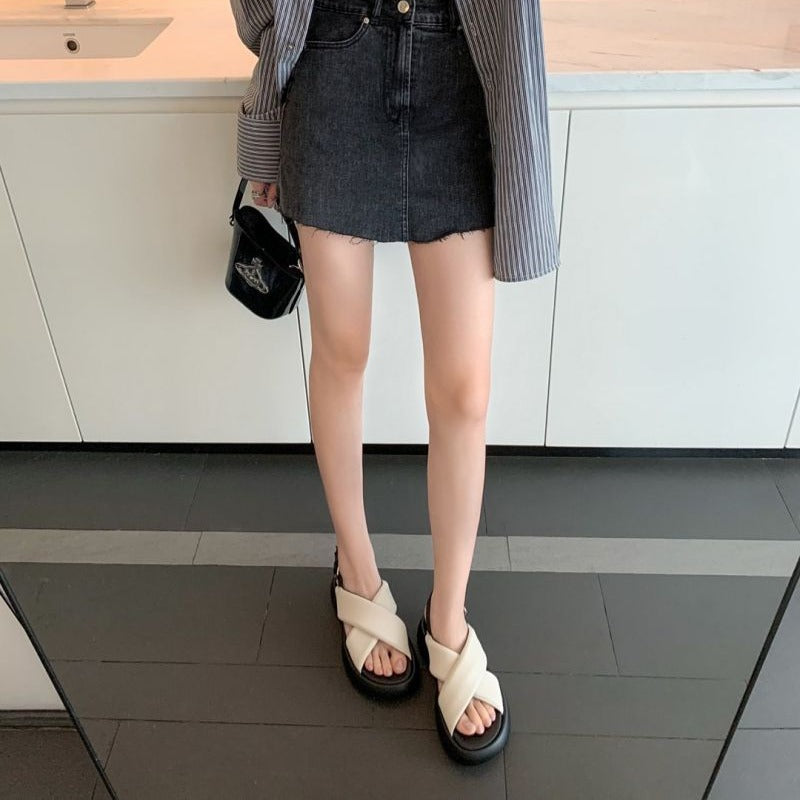 Women's Sheepskin Version Thick Bottom Cross Buckle Strap Sandals