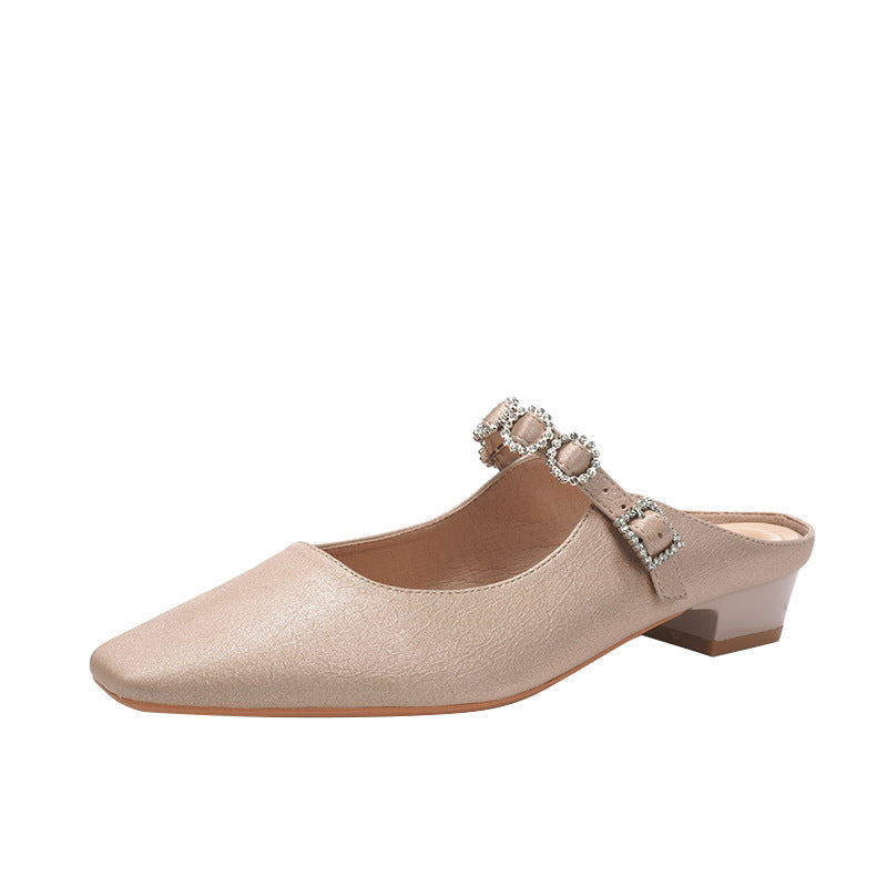 Women's Toe Low-cut Half Chunky Low Word Diamond Band Heels