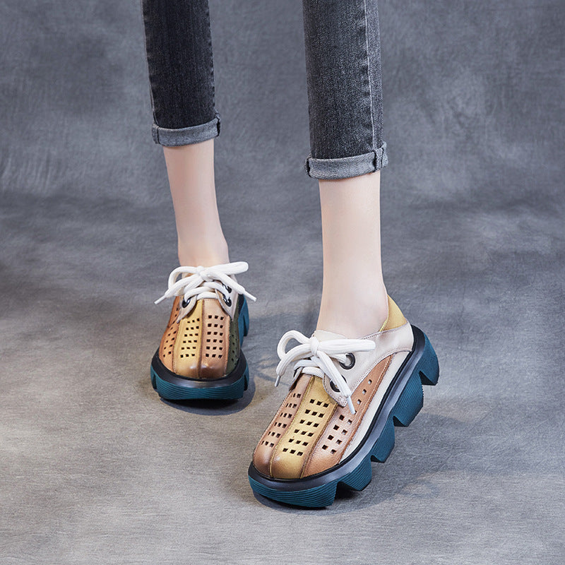 Women's Style Retro Platform Contrast Color Hollow Hole Top Layer Sandals