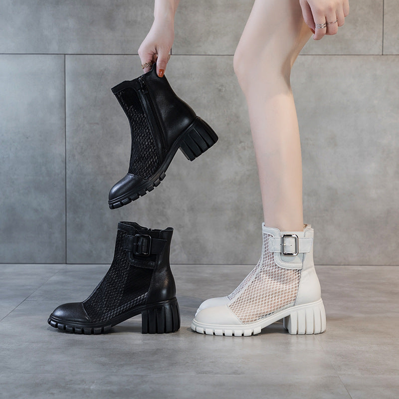 Women's Cowhide Mesh High For Summer Chunky Heels