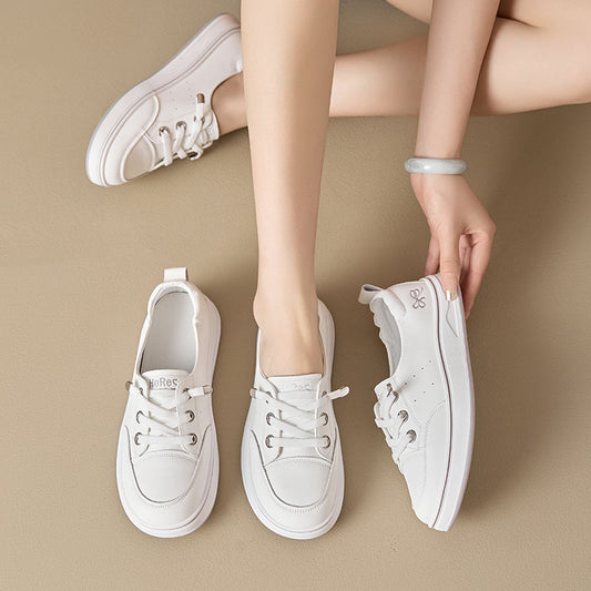 Women's White Summer Flat Cowhide Board Casual Shoes