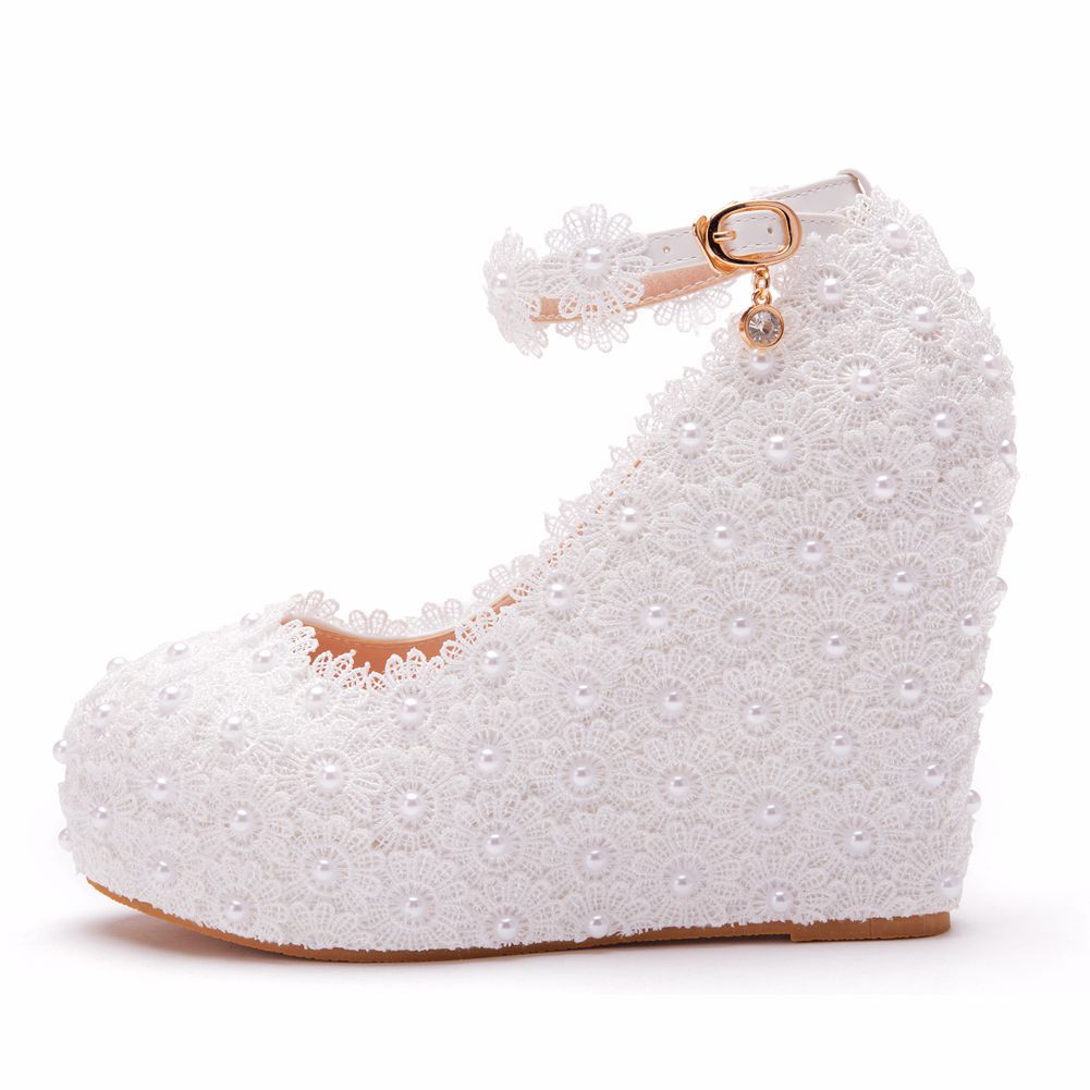 Women's Lace Wedding Wedge Buckle Waterproof Platform Heels