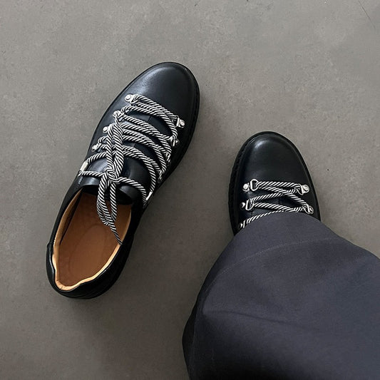 Black Derby High Street Couple Thick Men's Casual Leather Shoes