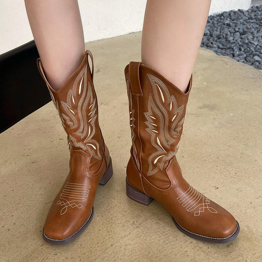 Women's Beautiful Western Cowboy Embroidery V Cut Knight Square Boots