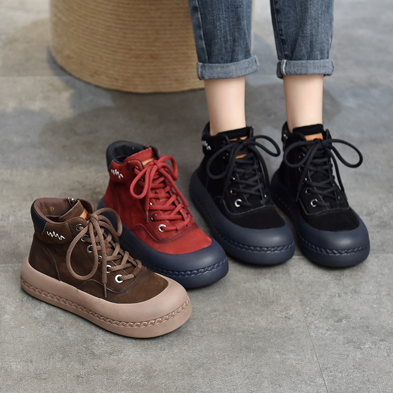 Women's First Layer Cowhide Platform Retro Lace Boots