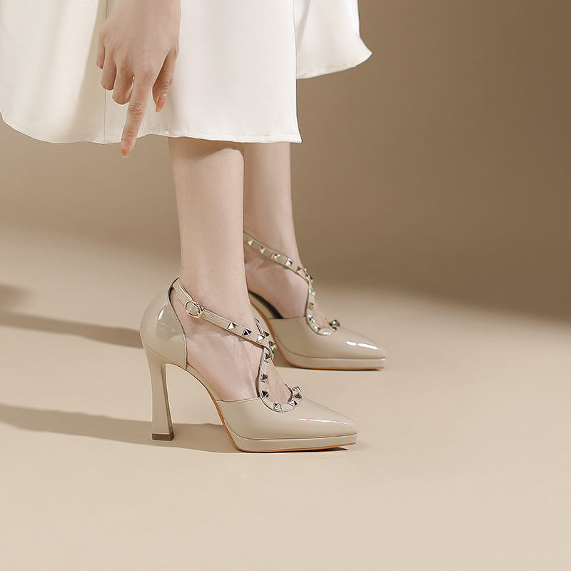 Women's Cross Rivet Pointed Toe Stiletto High Waterproof Platform Heels