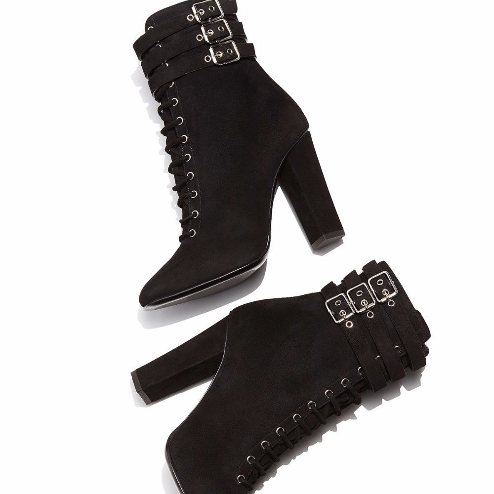 Women's Black High-heeled Ankle Plus Size Chunky Boots