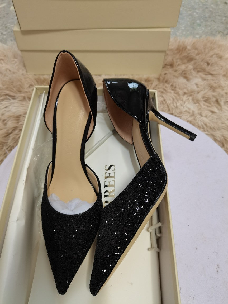 Women's Wedding Pointed Stiletto Stitching Genuine Sequined Temperament Leather Shoes