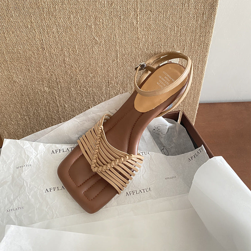 Women's Summer Step On Hand-woven Cowhide With Chunky Square Heels