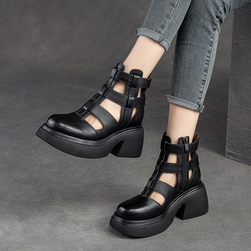 Women's Hole Hollow Side Zipper Top Layer Cowhide Round Heels
