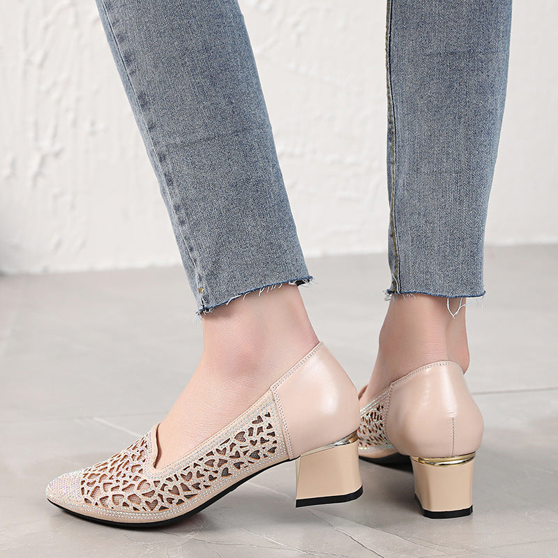 Women's Mesh Rhinestone Closed Toe Mid Mom Heels