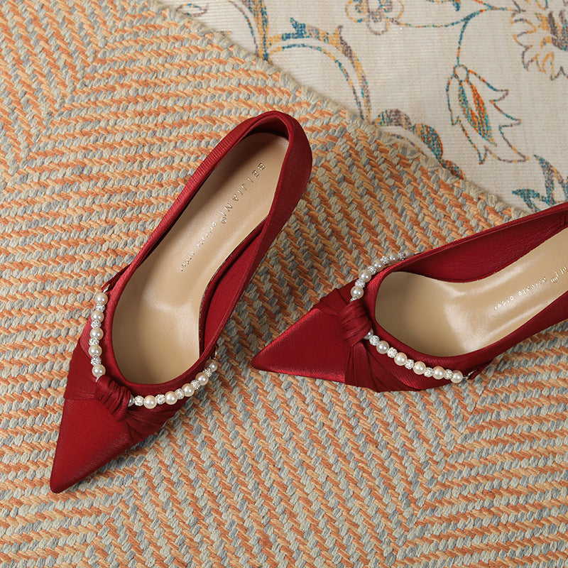 Women's Twisted Pearl Wedding Bridal Satin Sheepskin Elegant High Heels