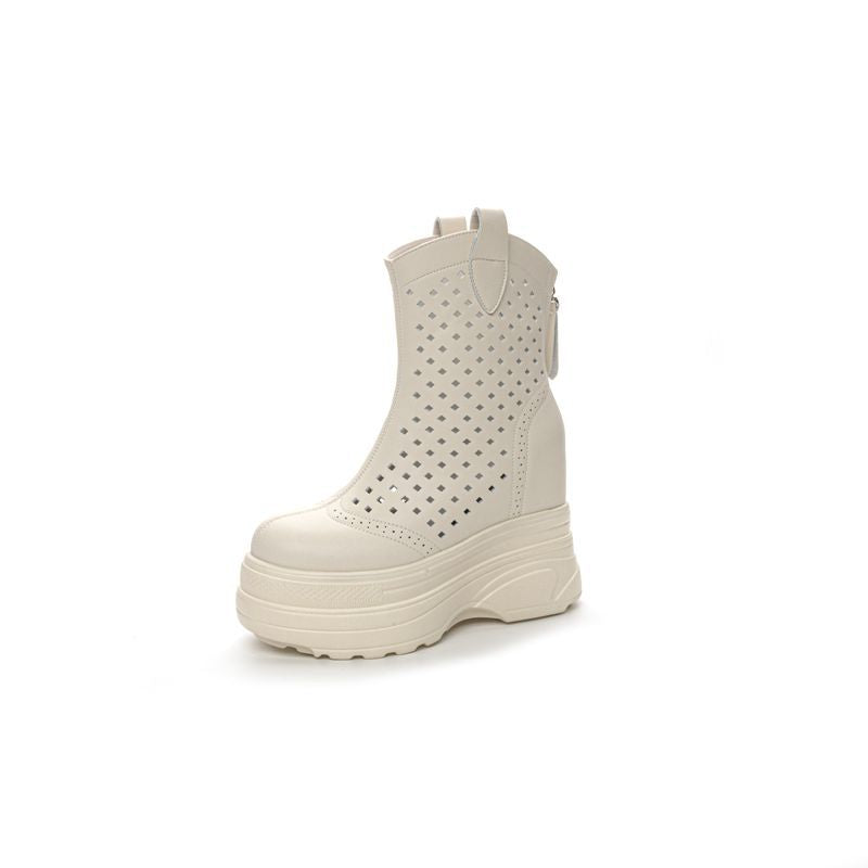 Women's Platform Skinny Elevator Perforated High Riding Boots