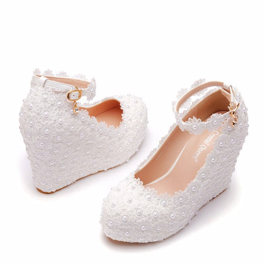 Women's Lace Wedding Wedge Buckle Waterproof Platform Heels