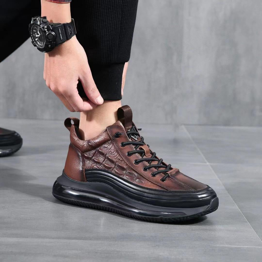 Men's Top Layer Cowhide High Air Cushion Soft Bottom Crocodile Men's Casual Leather Shoes