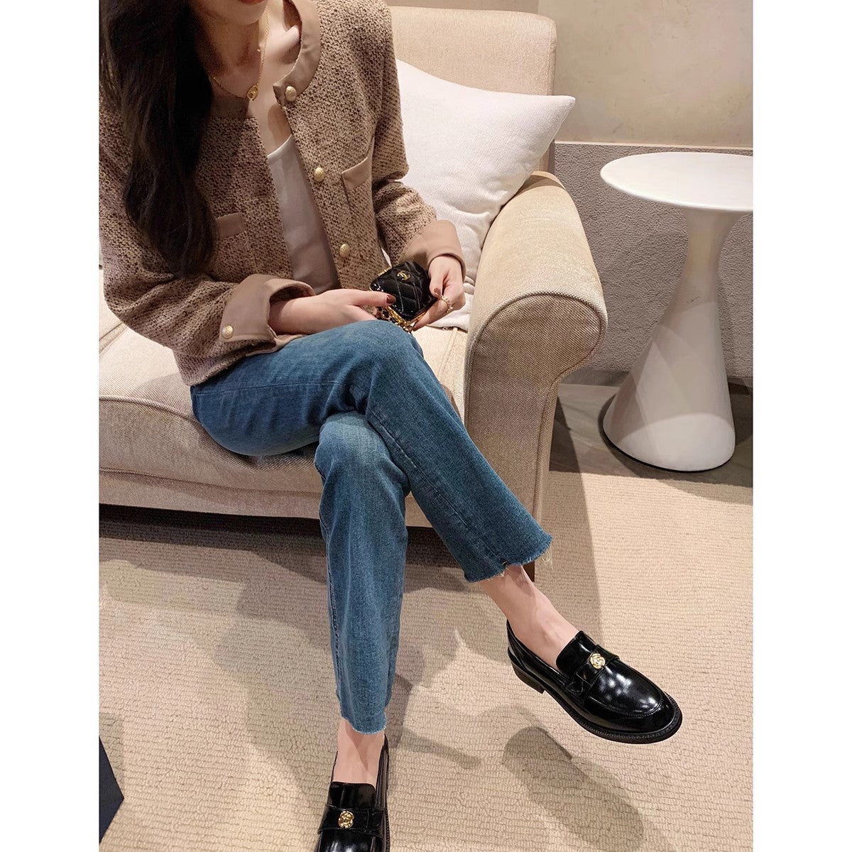 Women's Small Golden Button Platform Round Head Slip-on Chunky Loafers