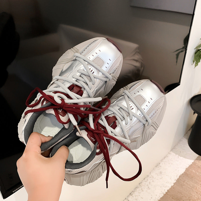 Fashionable Double Shoelace Mesh Stitching Thick Sneakers