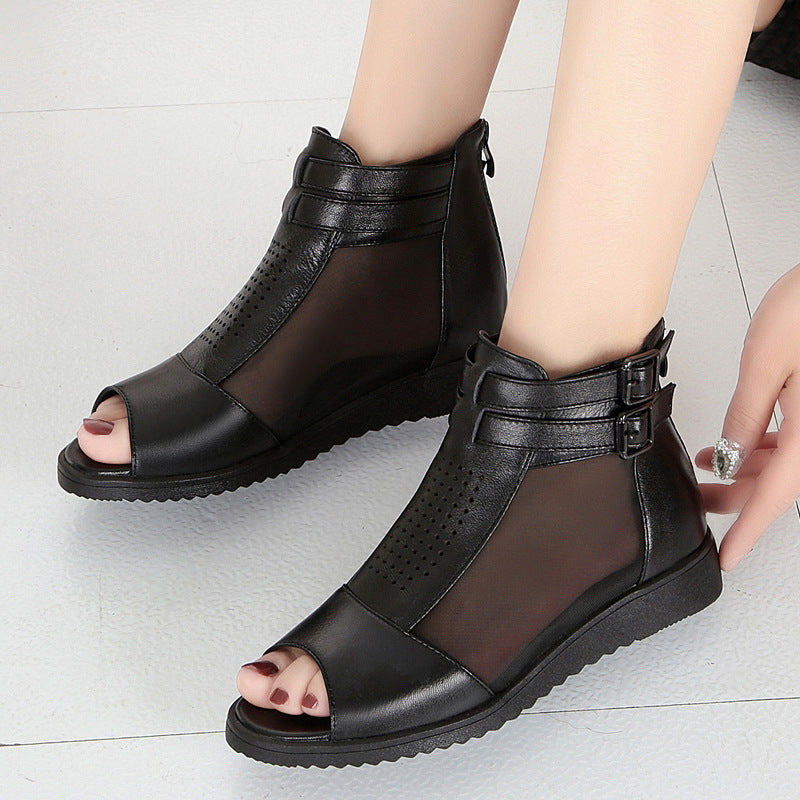 Women's Genuine Mesh Peep Toe Wedge Thick Sandals