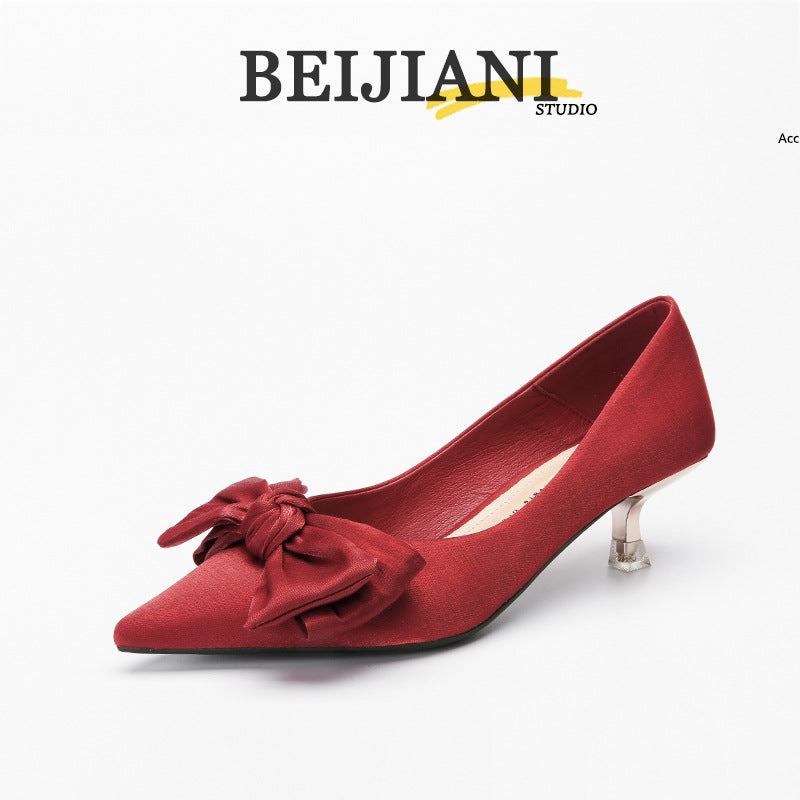 Women's Satin Bow High Pointed Toe Stiletto Mid Wedding Heels