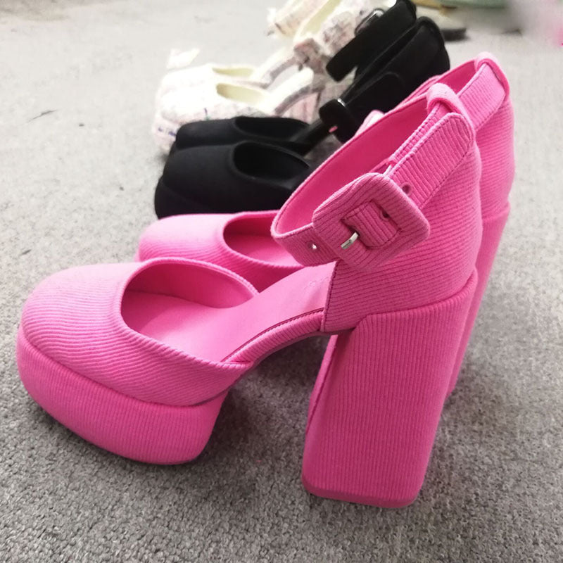 Women's Waterproof Platform Thick Hollow Closed Strap Heels