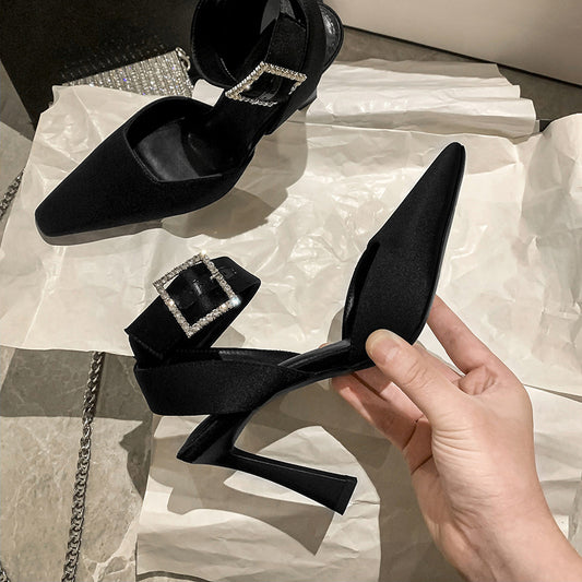 Rhinestone Square Toe High Chunky Closed Heels