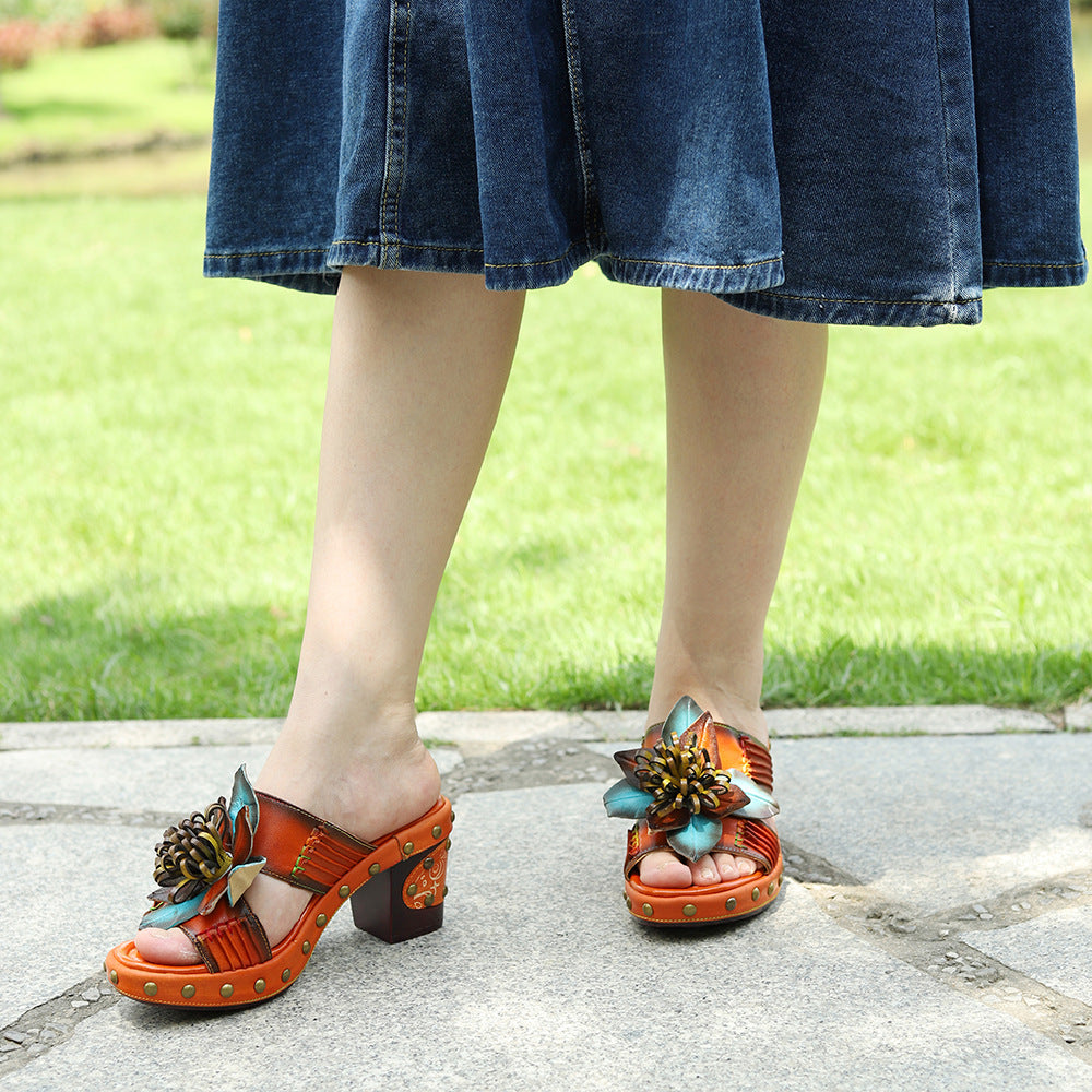 Genuine Retro Hand-rub Color Pleated Three-dimensional Heels