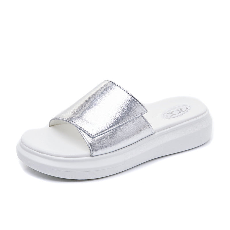 Women's Cowhide Summer Outdoor Indoor Platform Flat Slippers