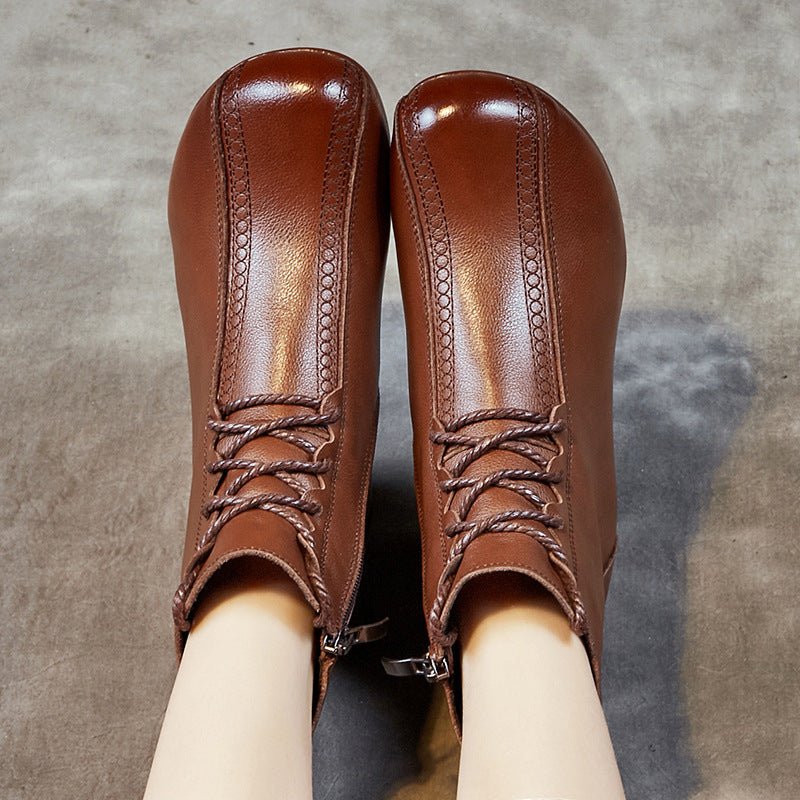 Women's Thick Fleece-lined Short Top Layer Cowhide Round Heels