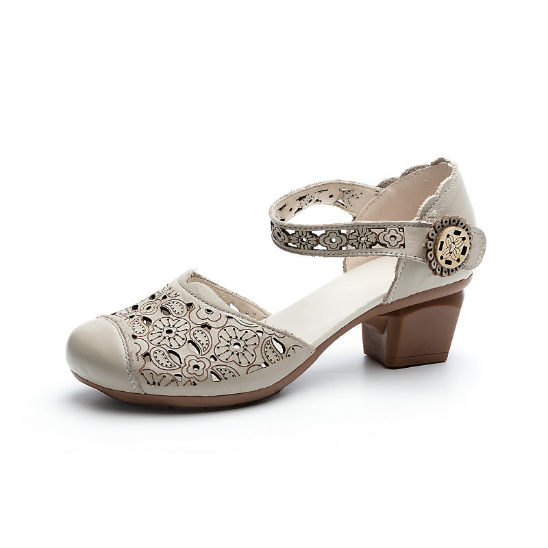 Women's Retro Punching Hollow Out First Layer Cowhide Kitten Heels