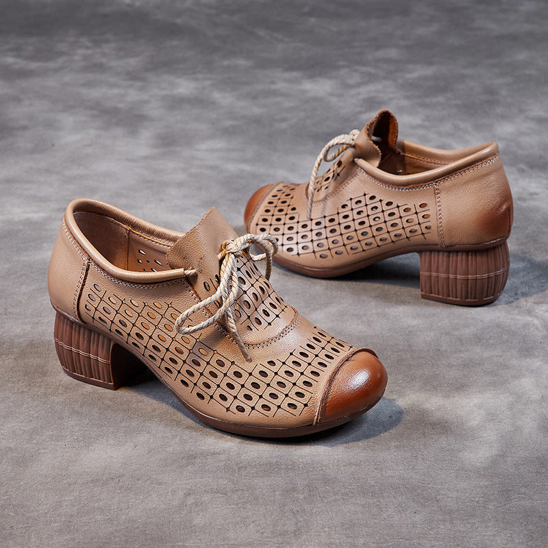 Women's Hollow Breathable First Layer Cowhide High Soft Heels