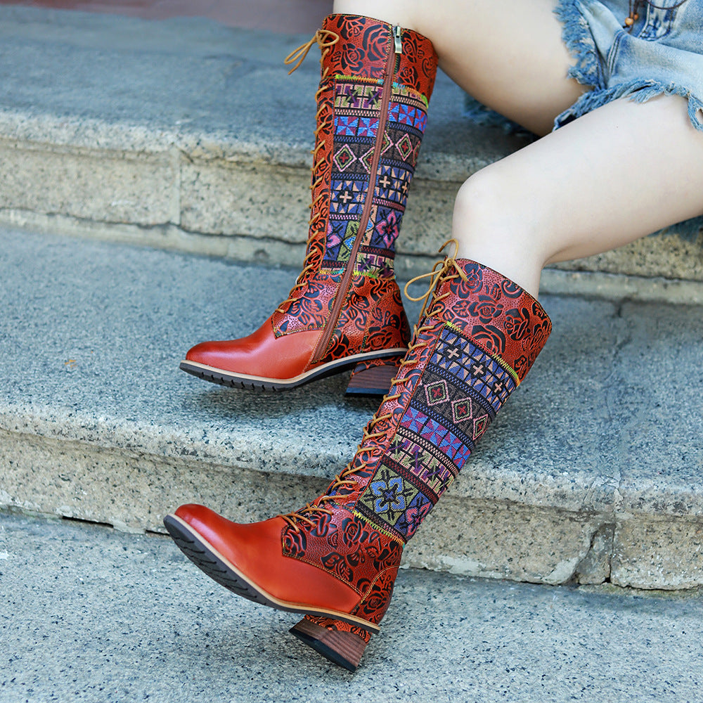 Women's Hand-rub Color Genuine American Retro Print Boots