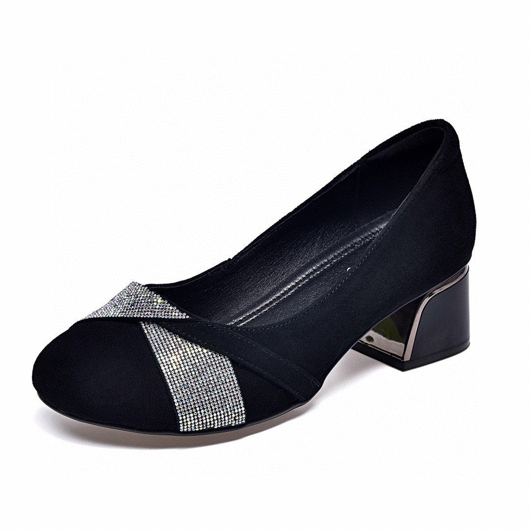 Women's Rhinestone Sheepskin Shallow Mouth Two Heights Loafers
