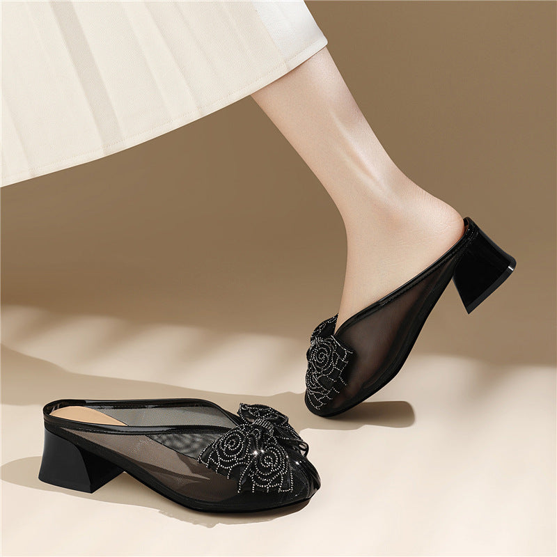 Women's Outer Wear Summer Mesh Rhinestone Butterfly Half Sandals