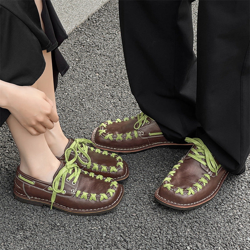 Women's & Men's Retro Handmade Leisure Square Toe Black Leather Shoes