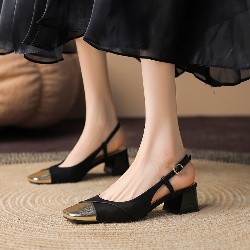 Women's Toe Chunky Square Sheepskin Mid Color Heels