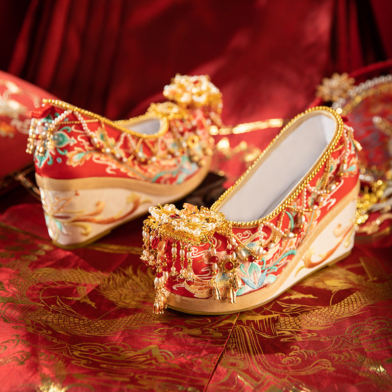 Style Wedding Ancient Height Increasing Red Canvas Shoes