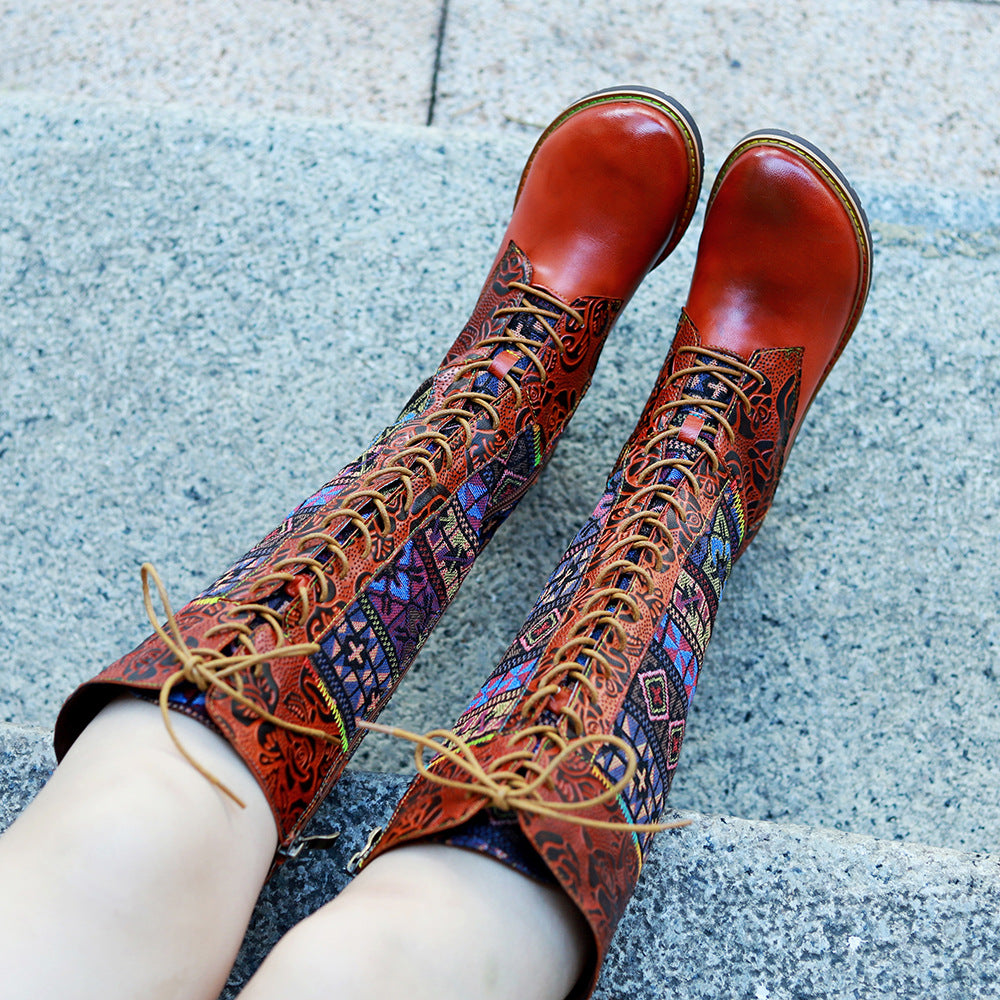 Women's Hand-rub Color Genuine American Retro Print Boots