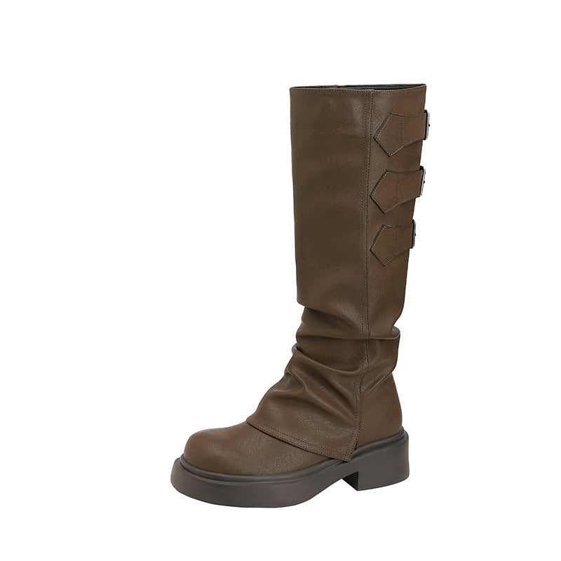 Women's Waste Style Retro Big Head Pants Pipe Pleated Boots
