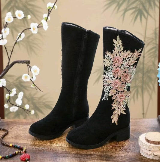 Women's Cotton Long Quilted Fleece-lined Winter Suede Snow Boots
