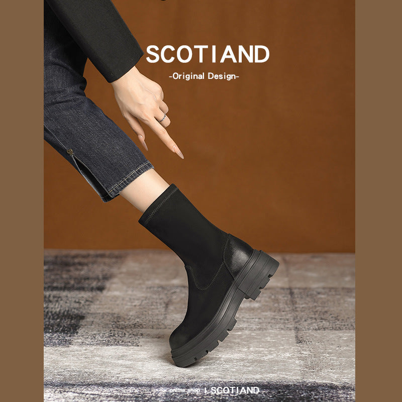 Women's French Style Temperament Short Suede Thick Boots