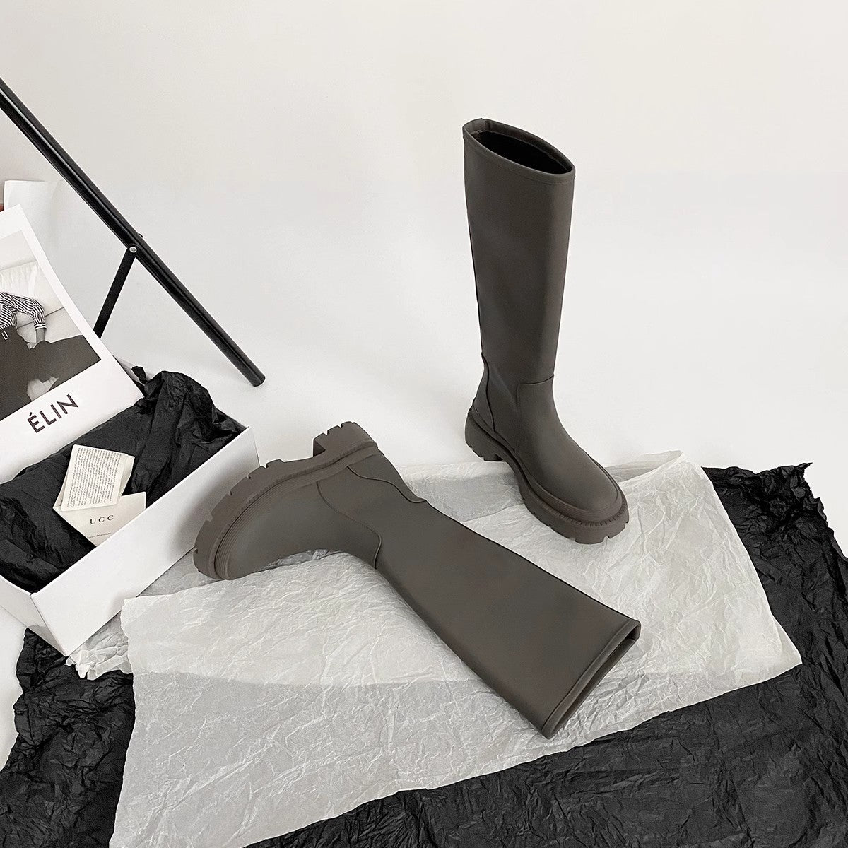 In The World Green Black Below Knee Platform Boots