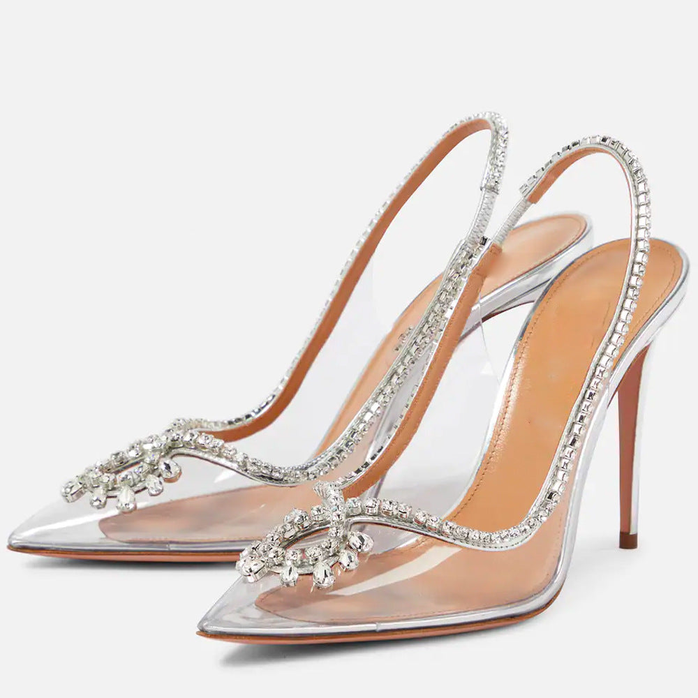 Women's Pointed Toe Sier Transparent Rhinestone Chain Heels