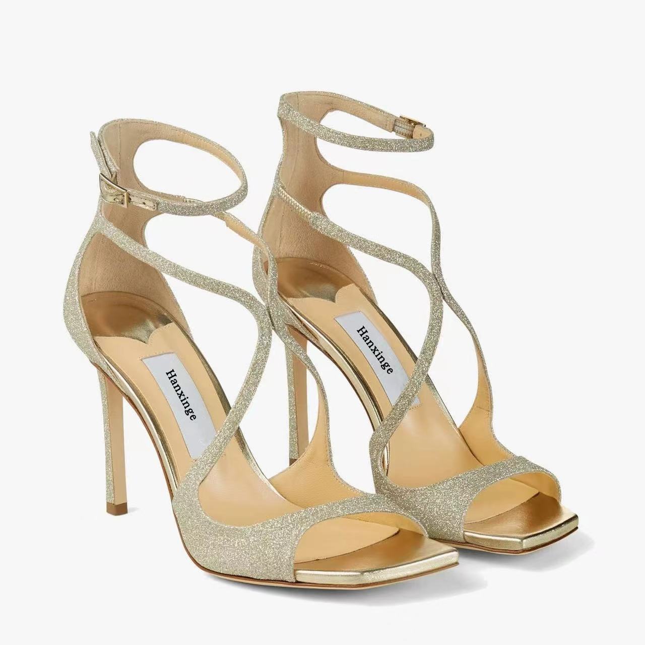Women's Peep Toe Square Gold Sequined Buckle Summer Cross Heels