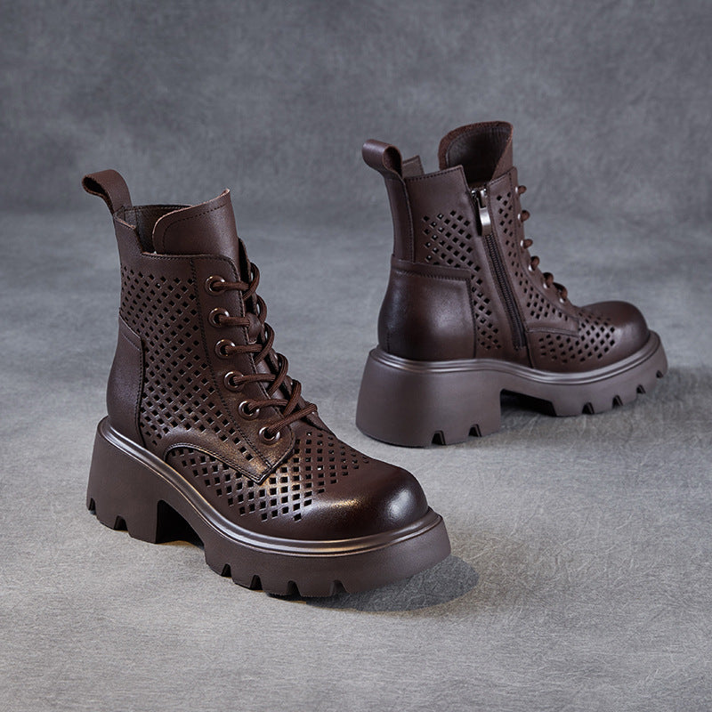 Women's First Layer Cowhide Retro British Platform Boots